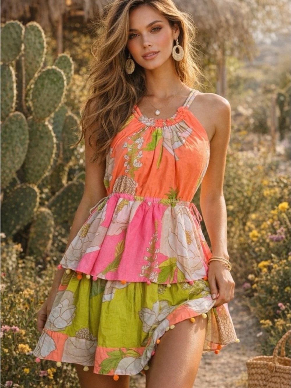 FARM Rio Coral, Pink & Lime Floral Tiered Mini Dress